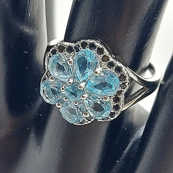 Natural Blue Apatite 5x4mm & Black Spinel 925 Sterling Silver Ring Size 7 - Picture 2 of 11